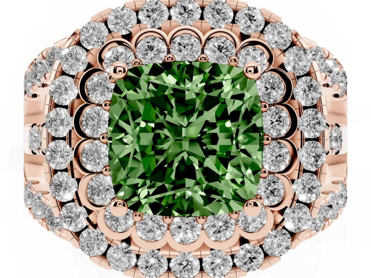 Fancy Green Cushion Cut Diamond Double Halo Ring with Round Pavé Split Shank and Prong Setting Rose gold