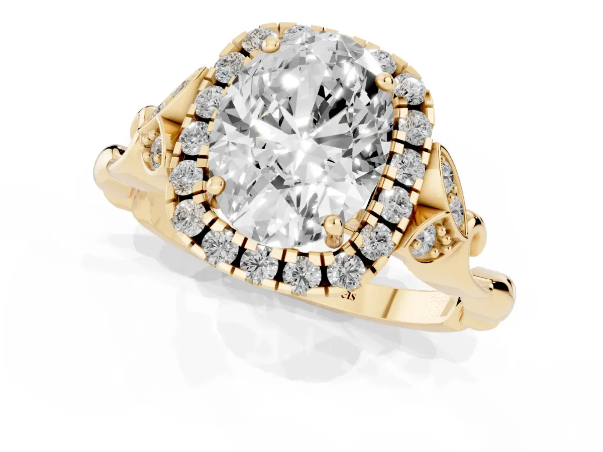 Oval Cut Halo Diamond Engagement Ring with Vintage-Inspired Band and Four-Prong Setting Yellow gold