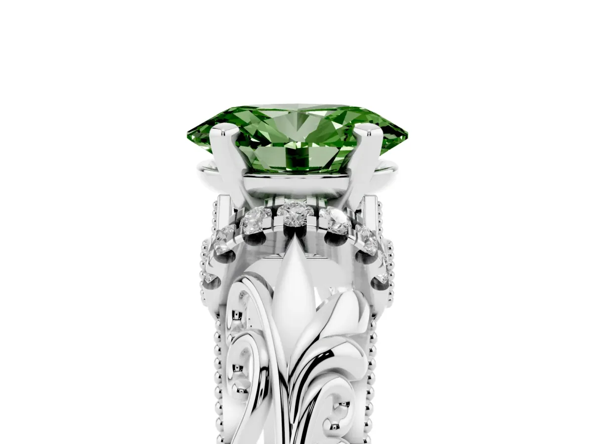 Fancy Green Oval Cut Solitaire Filigree Engagement Ring with Halo and Prong Setting Silver