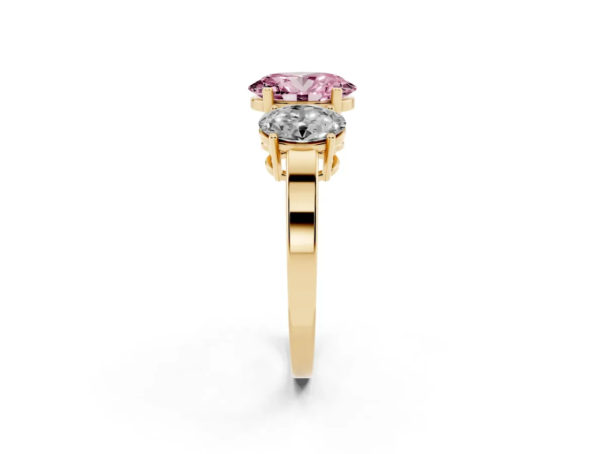 Fancy Pink Three-Stone Oval Cut Cut Diamond Engagement Ring with Flat Band and Four-Prong Setting Yellow gold