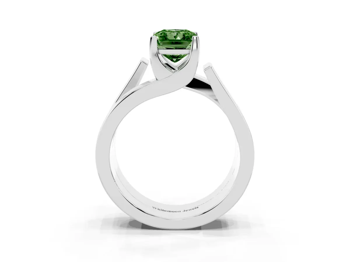 Fancy Green Modern Tension Set Radiant Cut Diamond Solitaire Wide Band Ring Platinum