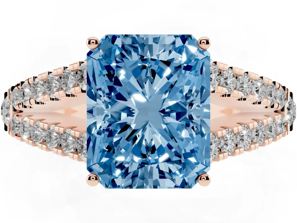 Fancy Blue Radiant Cut Diamond Split Shank Engagement Ring with Round Pavé and Prong Setting Rose gold