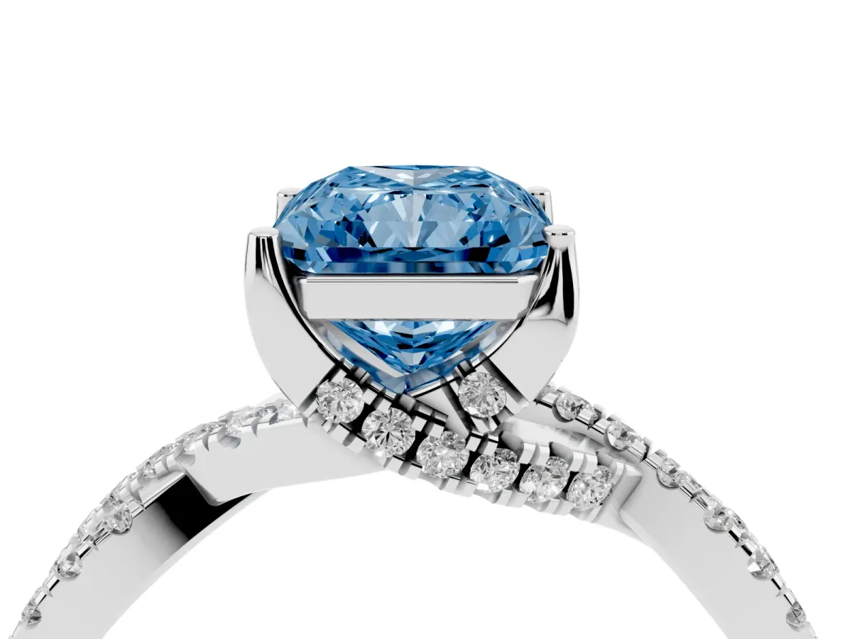 Fancy Blue Radiant Cut Solitaire Twist Pave Diamond Engagement Ring with Prong Setting Silver
