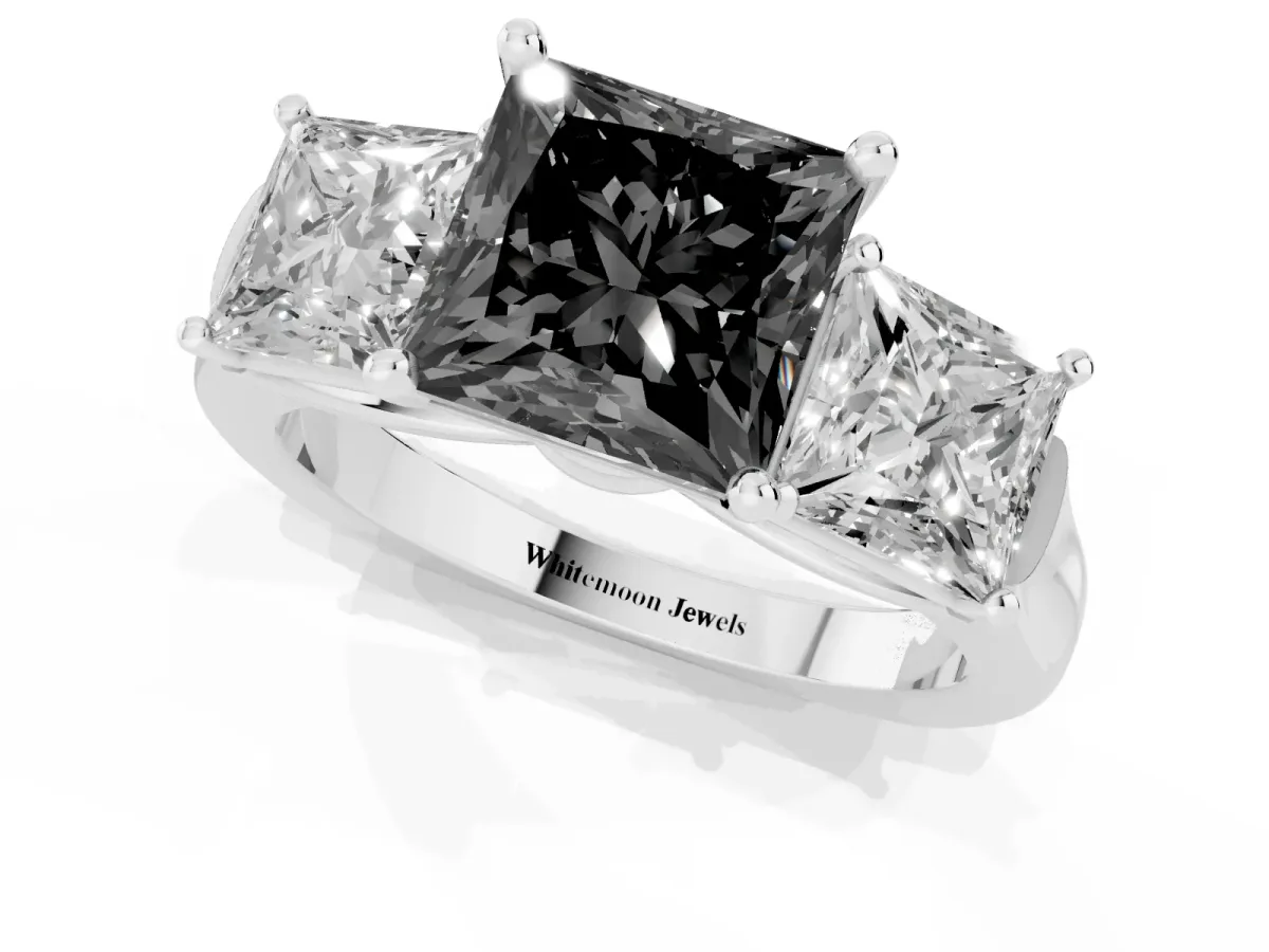 Fancy Black Three-Stone Princess Cut Brilliant Diamond Trellis Ring with Comfort Fit Band Platinum