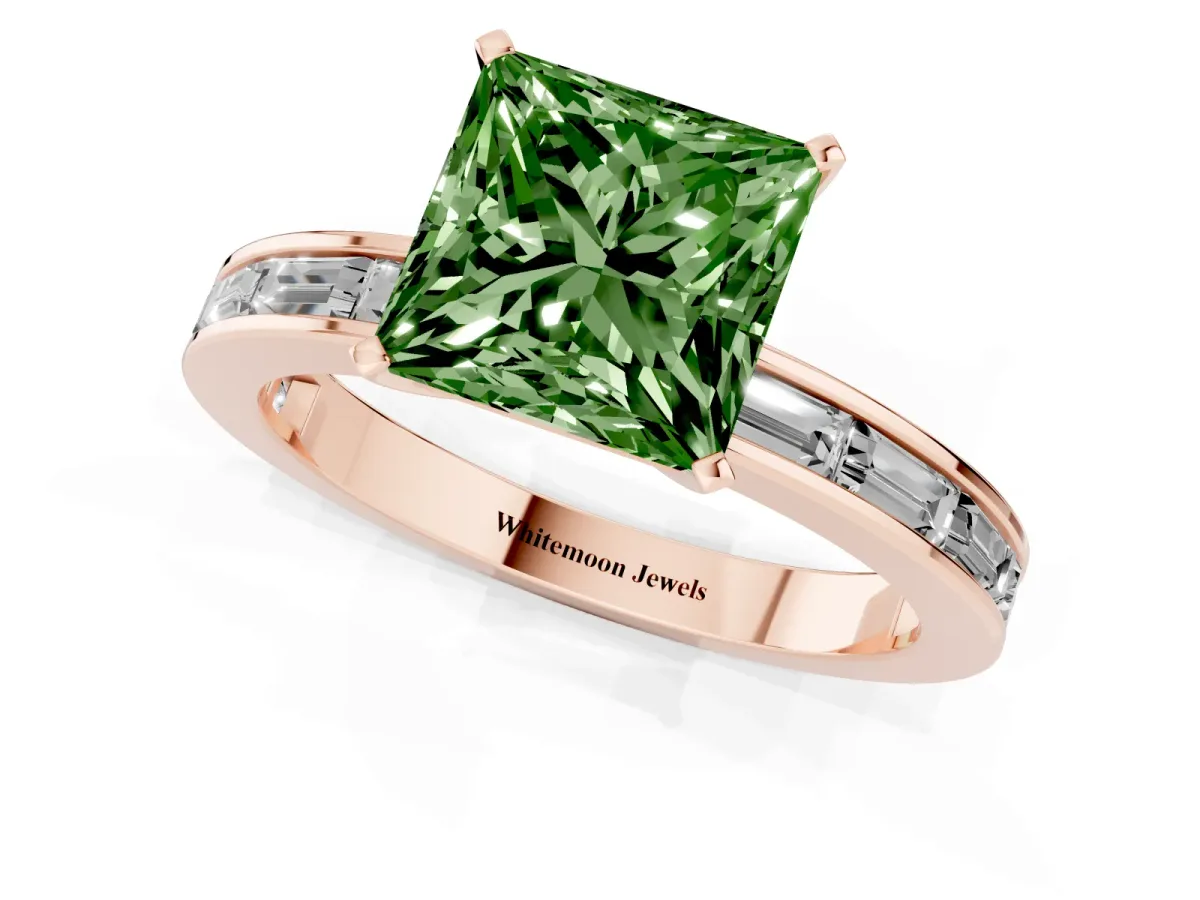 Fancy Green Princess Cut Solitaire Diamond Ring with Channel-Set Baguette Band and Four-Prong Setting Rose gold