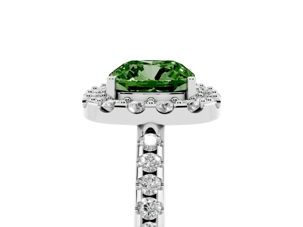 Fancy Green Cushion Cut Diamond Pavé Halo Ring with Four-Prong Setting Silver
