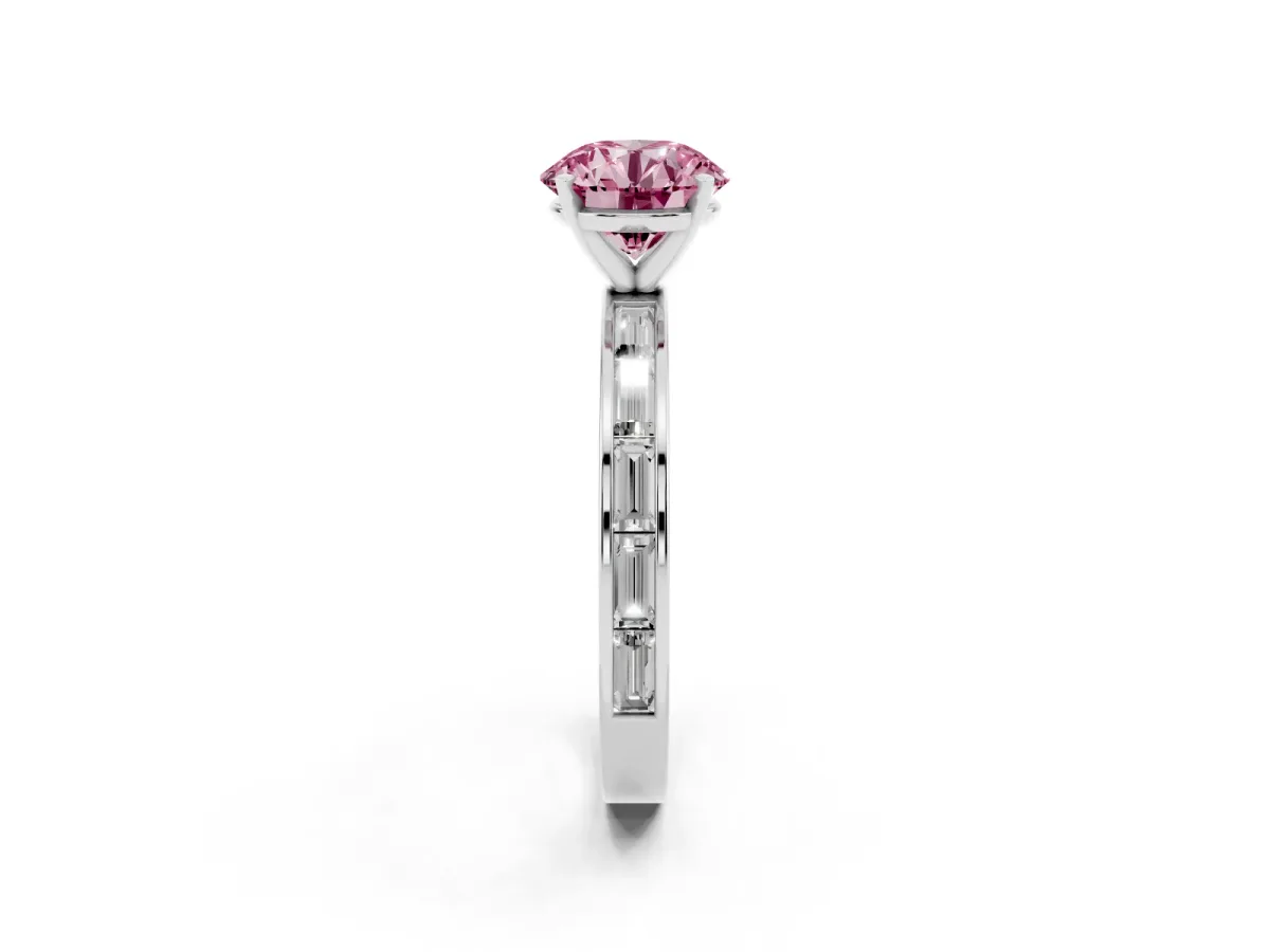 Fancy Pink Round Cut Solitaire Diamond Ring with Channel-Set Baguette Band and Four-Prong Setting Silver