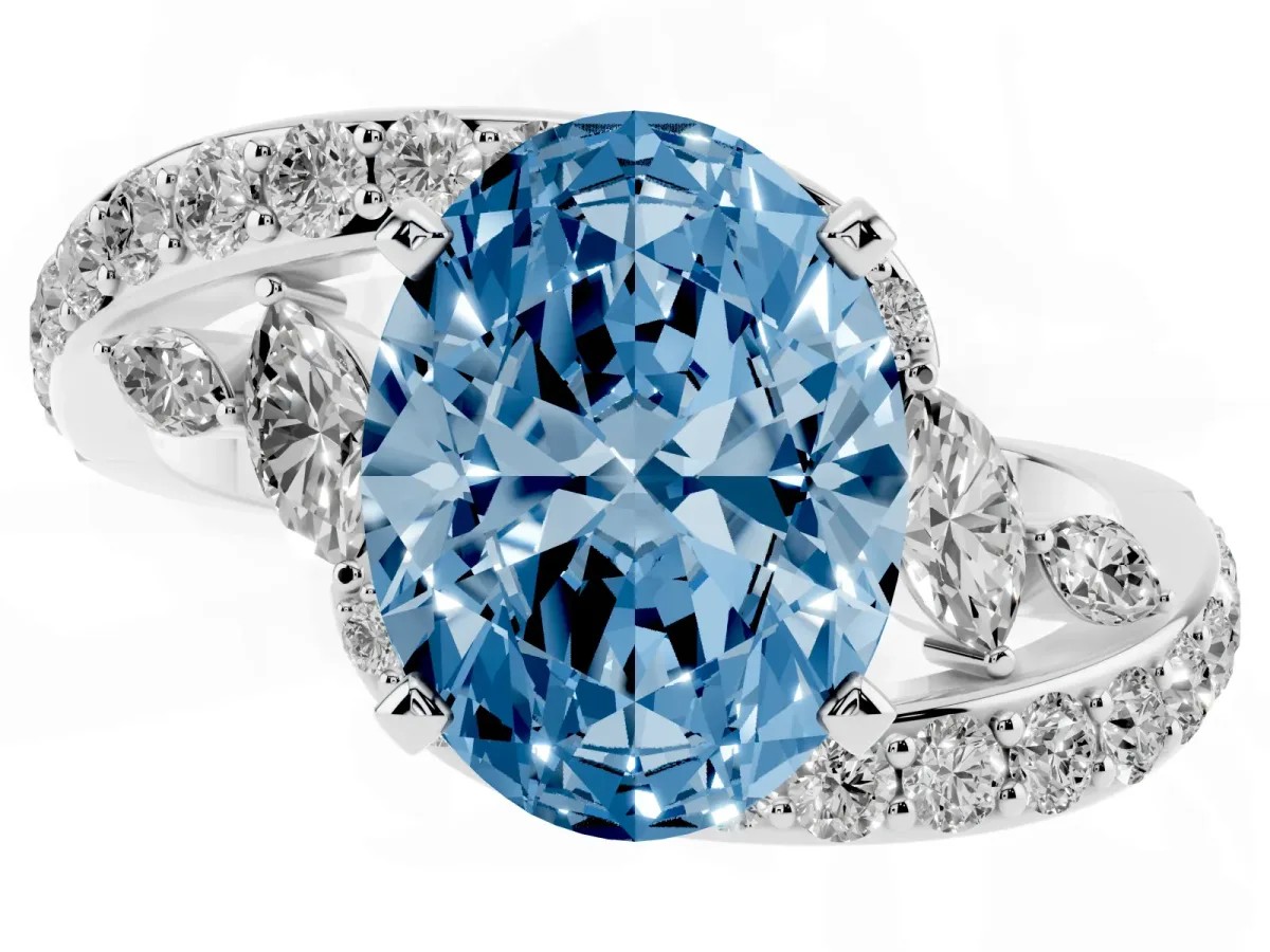 Fancy Blue Oval Cut Solitaire with Pavé Twist Band and Four-Prong Setting Silver