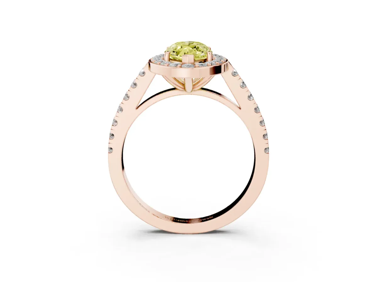 Fancy Yellow Marquise Cut Diamond Halo Ring with Round Pavé Split Shank and Prong Setting Rose gold