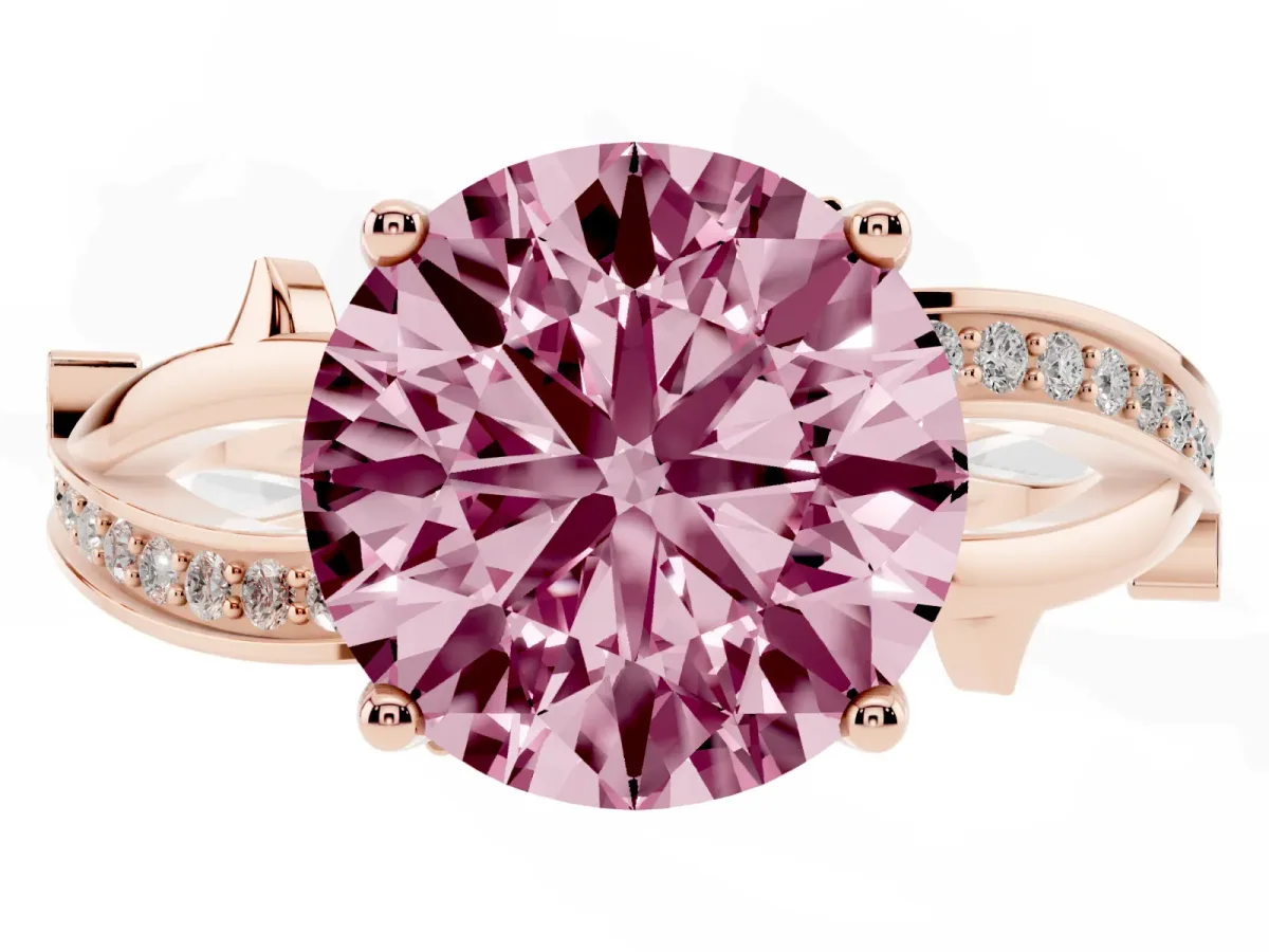 Fancy Pink Round Cut Solitaire Twist Band with Pavé Accents and Four-Prong Setting Rose gold