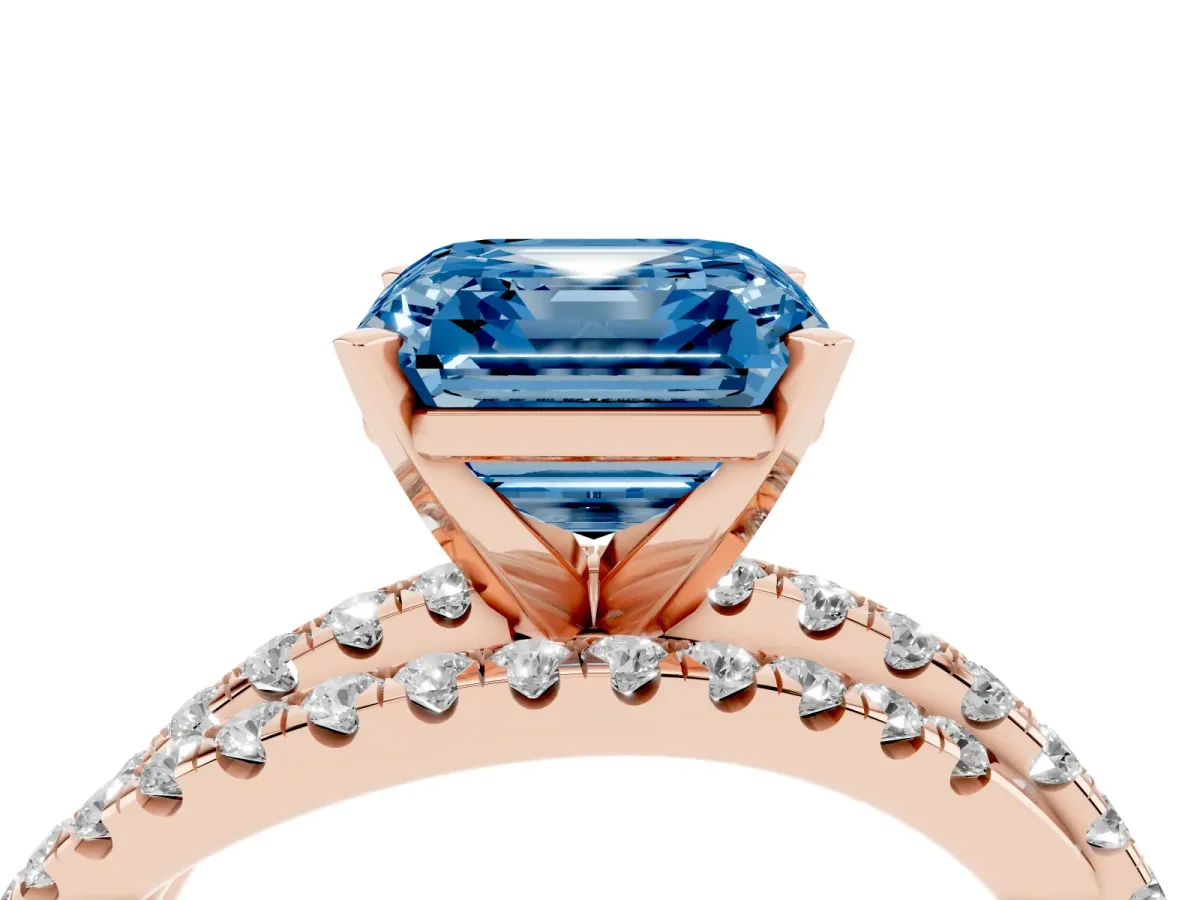 Fancy Blue Asscher Cut Solitaire Twist Band with Pavé Setting and Four-Prong Setting Rose gold