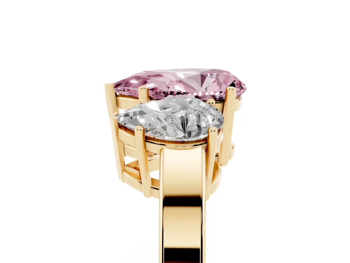Fancy Pink Three-Stone Pear Cut Cut Diamond Engagement Ring with Flat Band and Four-Prong Setting Yellow gold
