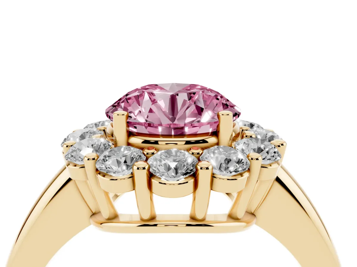 Fancy Pink Round Cut Halo Cluster Diamond Engagement Ring with Prong Setting and Polished Band Yellow gold