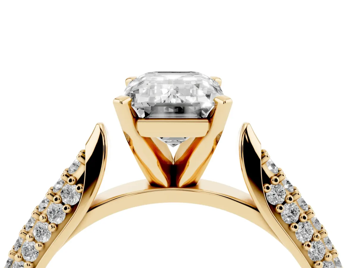 Emerald Cut Diamond Solitaire Engagement Ring with Multi-Row Round Pavé Band and Prong Setting Yellow gold