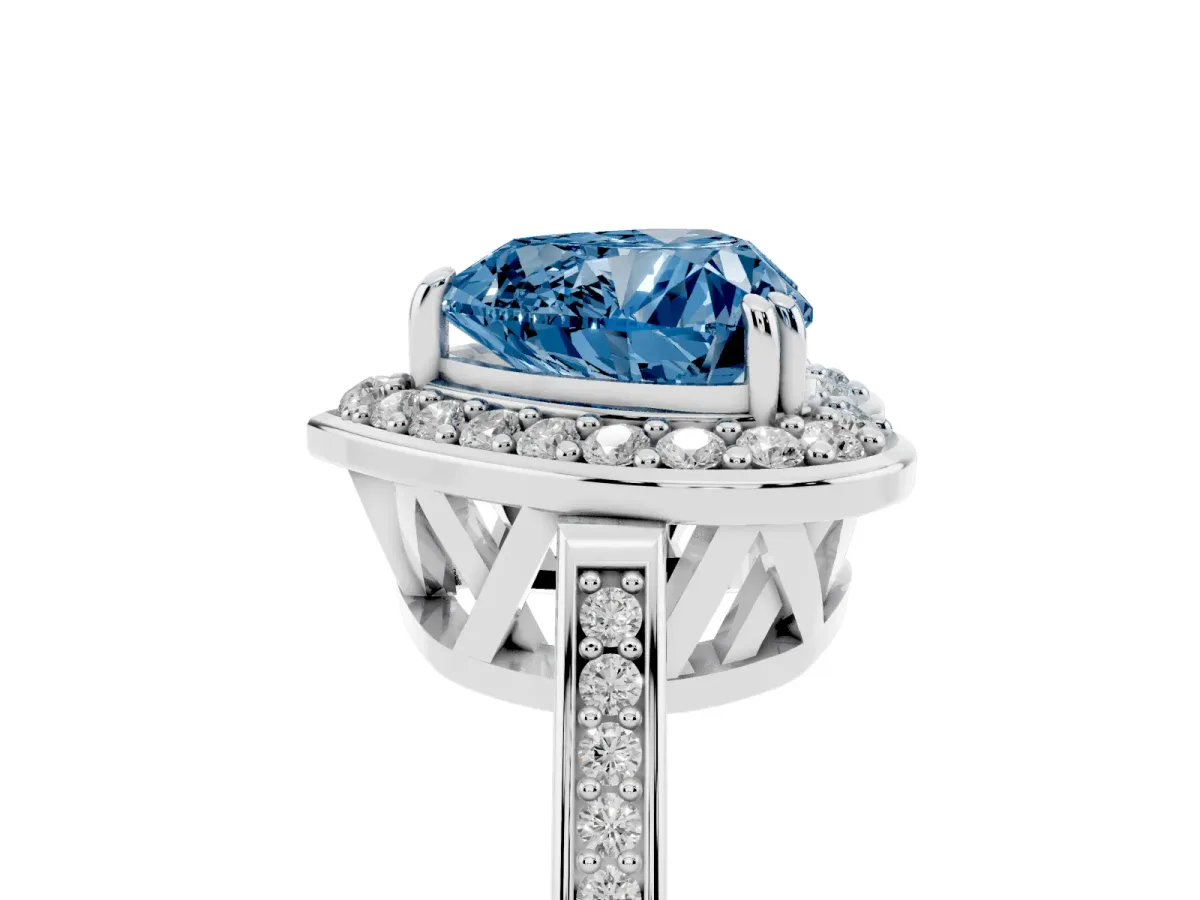 Fancy Blue Heart Cut Diamond Halo Ring with Split Shank and Four-Prong Setting Silver