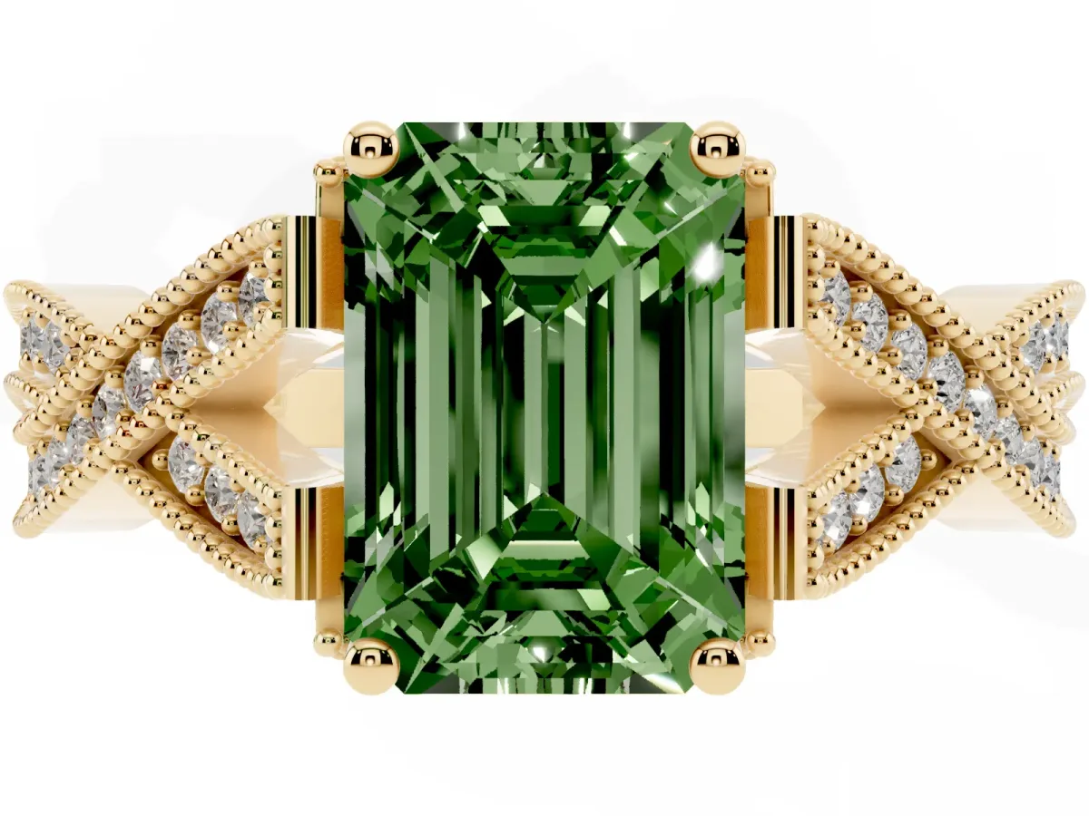 Fancy Green Emerald Cut Cut Diamond Twisted Band with Milgrain Pave Setting and Four-Prong Setting Yellow gold
