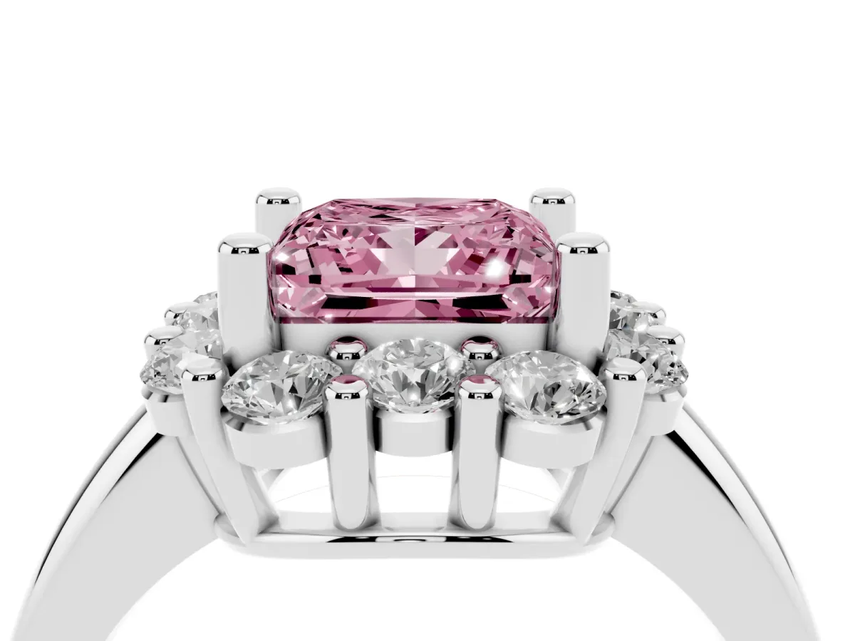 Fancy Pink Princess Cut Halo Cluster Diamond Engagement Ring with Prong Setting and Polished Band Platinum