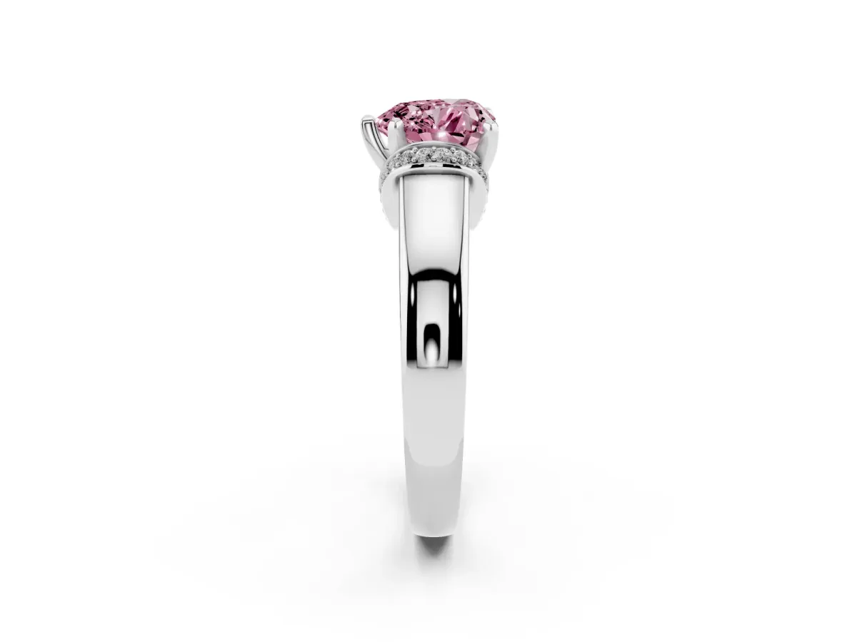 Fancy Pink Heart Cut Solitaire Diamond Ring with Pave Band and Six-Prong Setting Platinum