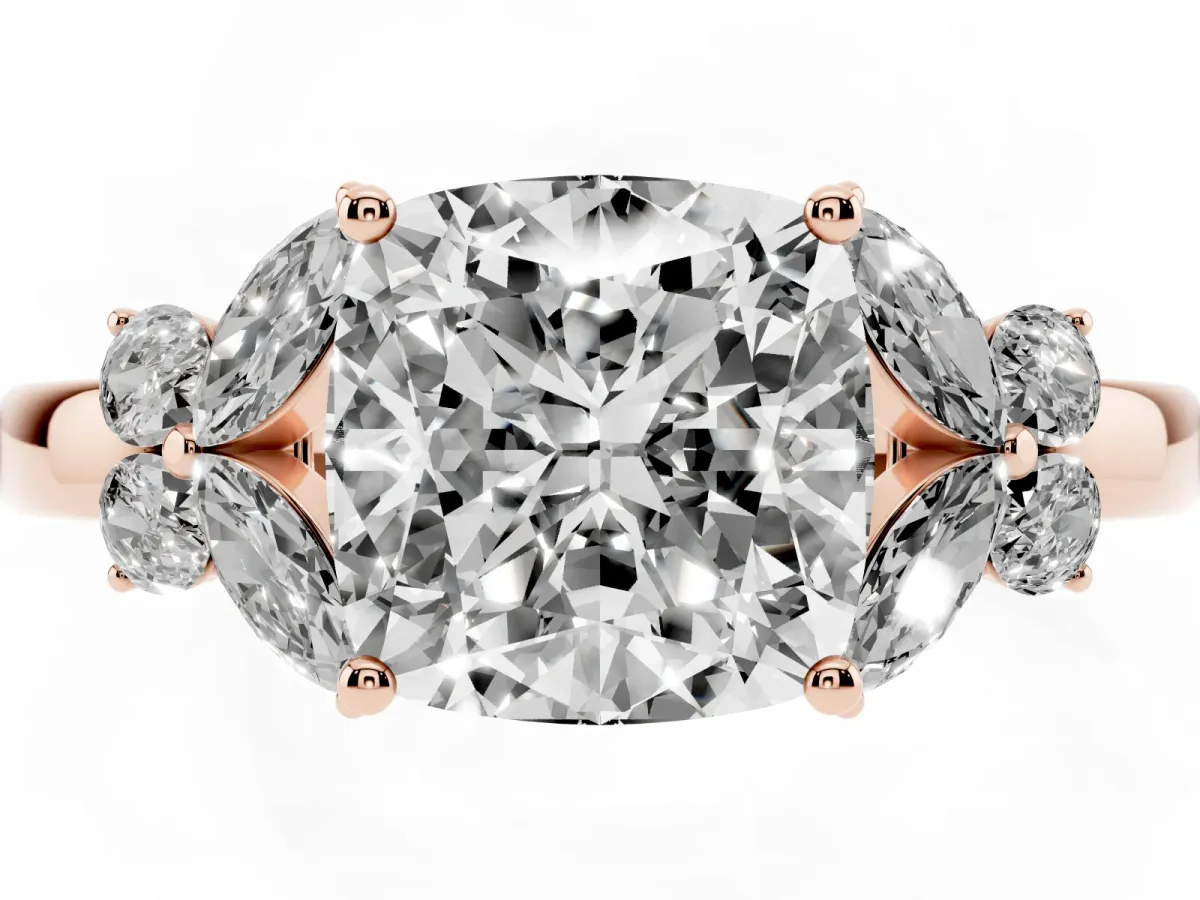 Cushion Cut Cut Solitaire Floral Diamond Ring with Four-Prong Setting Rose gold