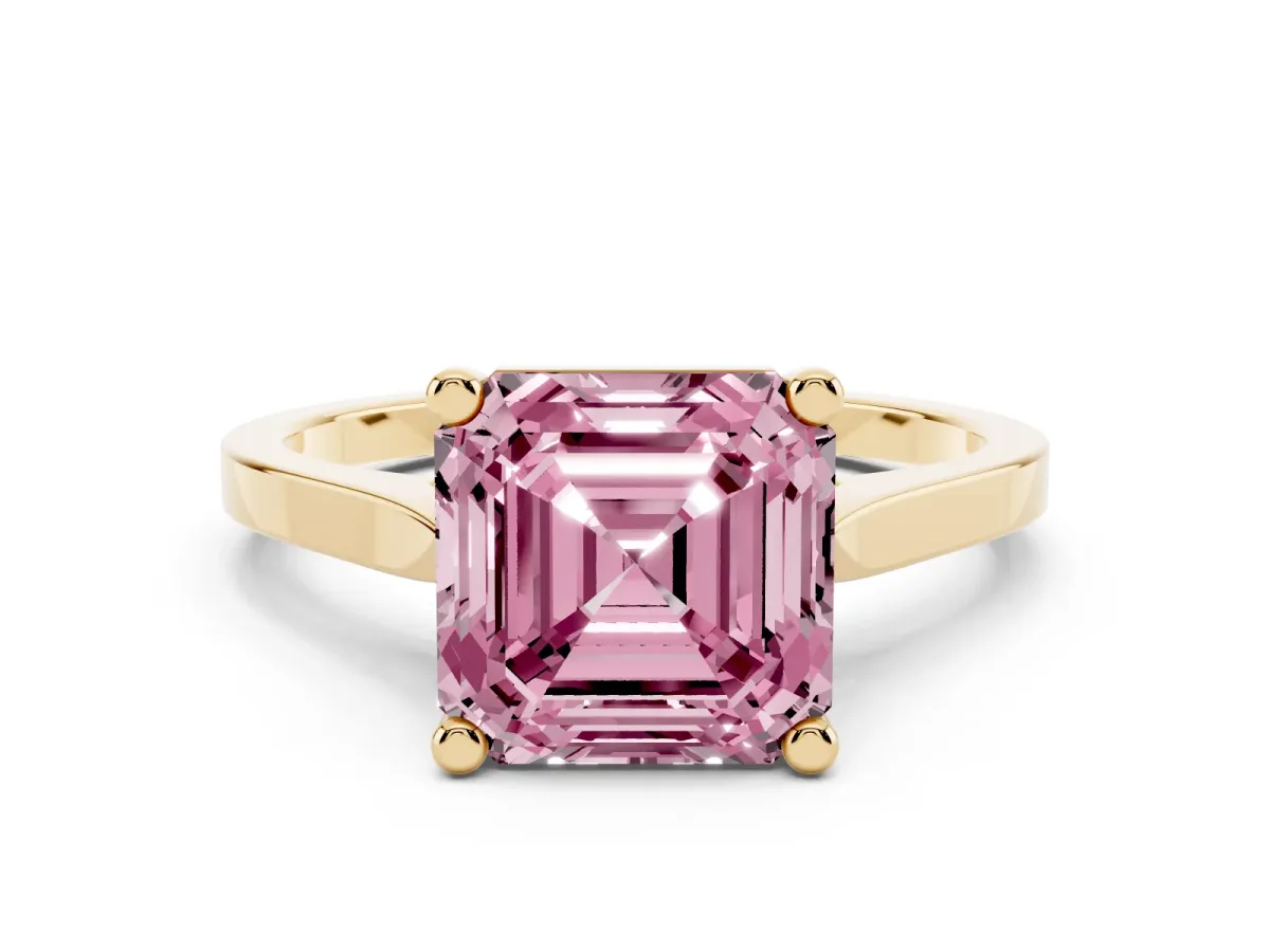 Fancy Pink Asscher Cut Solitaire Diamond Ring with Four-Prong Setting and Tapered Band Yellow gold