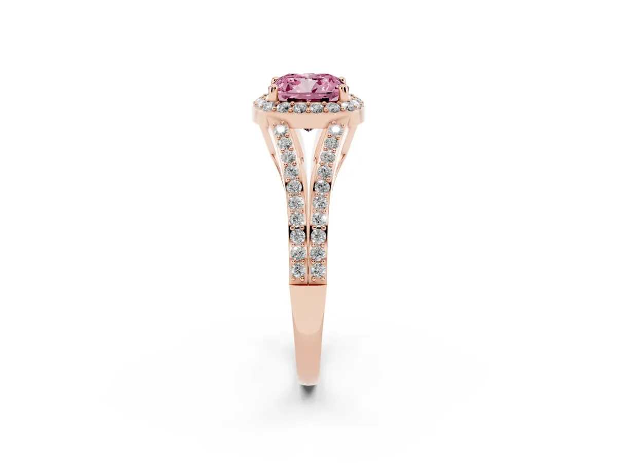 Fancy Pink Cushion Cut Halo Split Shank Pave Diamond Ring with Four-Prong Setting Rose gold