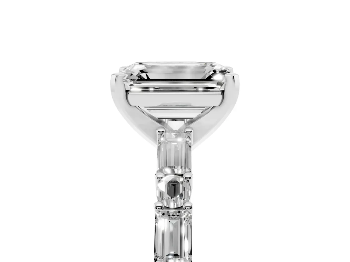 Emerald Cut Diamond Solitaire with Side Baguettes and Channel Set Band Silver