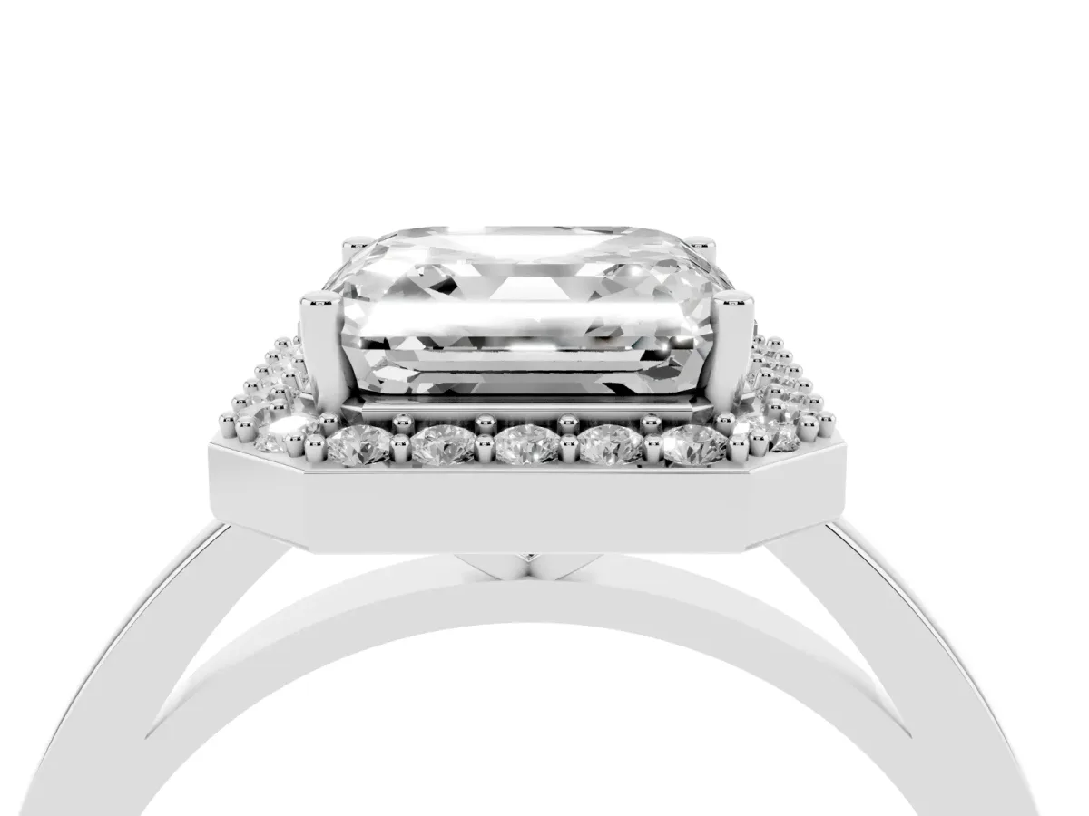 Asscher Cut Halo Diamond Ring with Solitaire Band and Prong Setting Silver