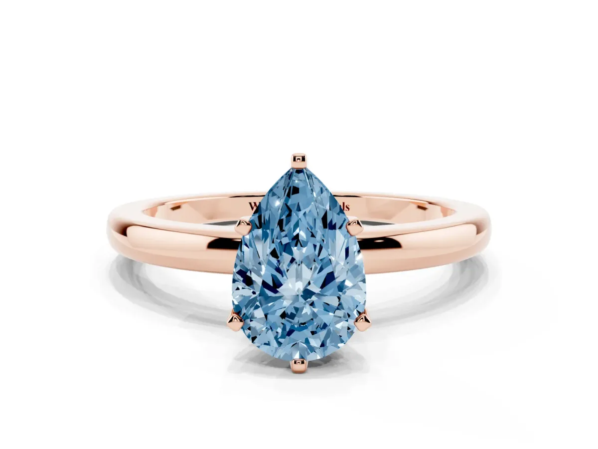 Fancy Blue Pear Cut Solitaire Diamond Ring with Six-Prong Setting on a Classic Band Rose gold