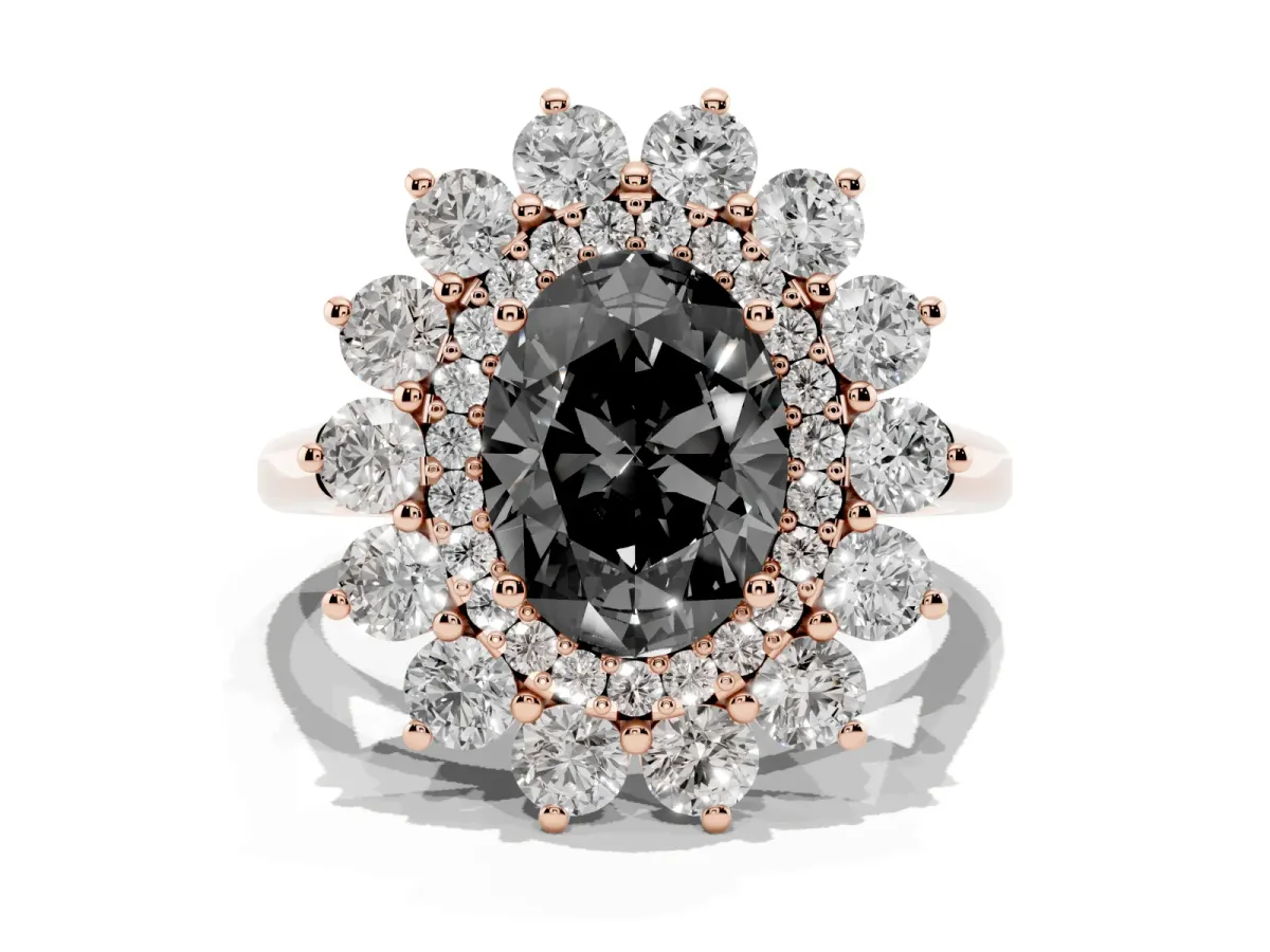 Fancy Black Oval Cut Diamond Floral Double Halo Engagement Ring with Prong Setting Rose gold