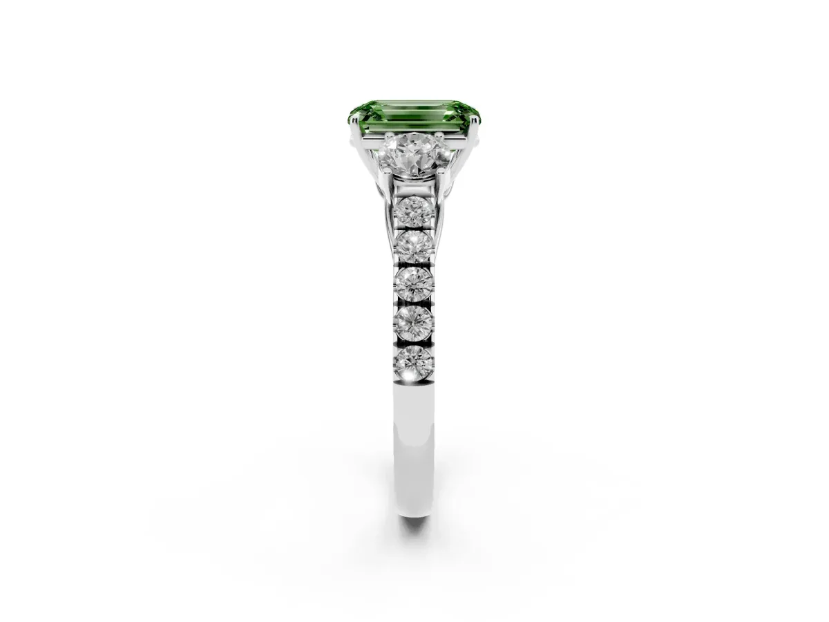 Fancy Green Emerald Cut Cut Diamond Three-Stone Ring with Round Side Stones and Pavé Band Silver