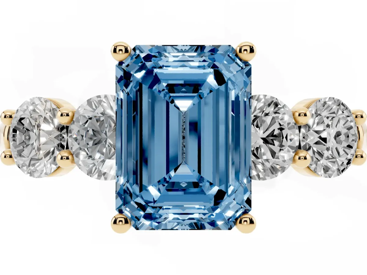 Fancy Blue Emerald Cut Cut Five-Stone Prong Set Diamond Ring with Classic Band Yellow gold