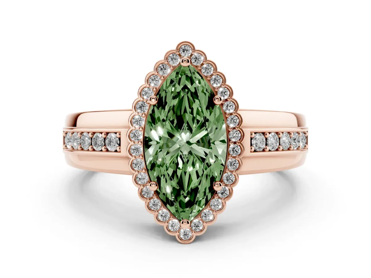 Fancy Green Marquise Cut Cut Halo Pave Band Four-Prong Ring Rose gold