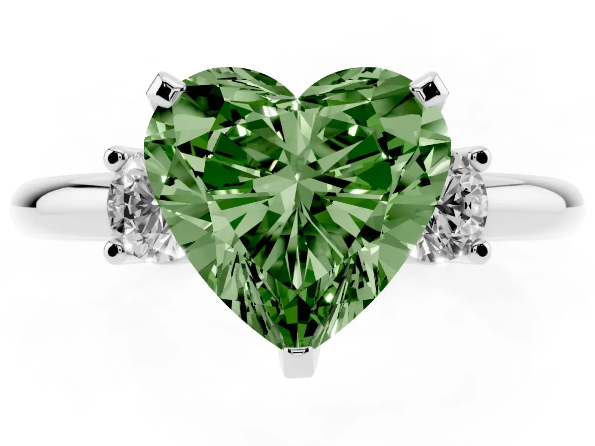 Fancy Green Three-Stone Heart Cut Cut Diamond Solitaire with Prong Setting and Classic Band White gold