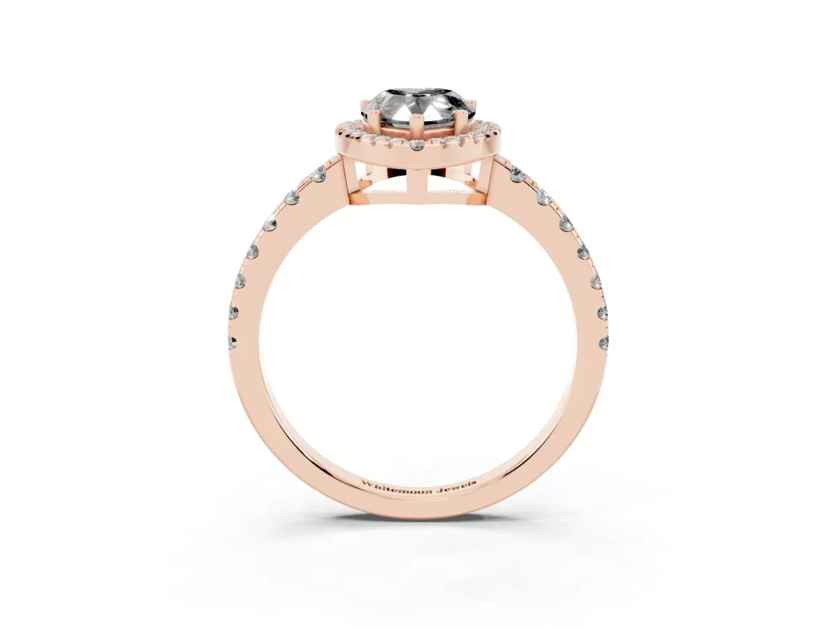 Fancy Black Pear Cut Diamond Halo Ring with Pavé Band and Four-Prong Setting Rose gold