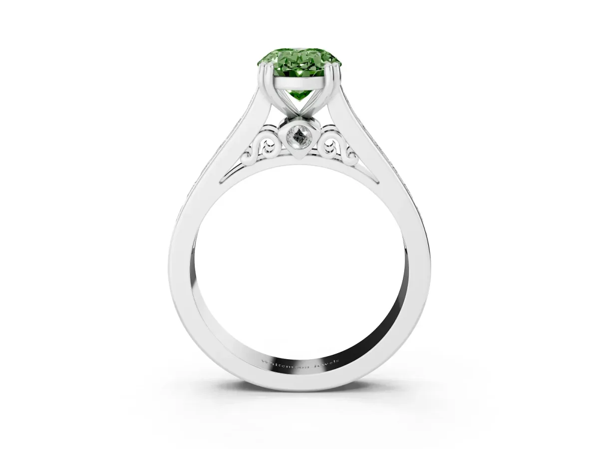 Fancy Green Oval Cut Cut Channel Set Solitaire Engagement Ring with Prong Setting Silver