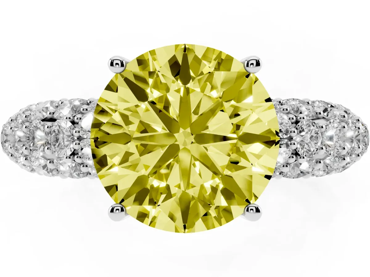 Fancy Yellow Round Cut Diamond Pavé Band Solitaire Ring with Four-Prong Setting Platinum