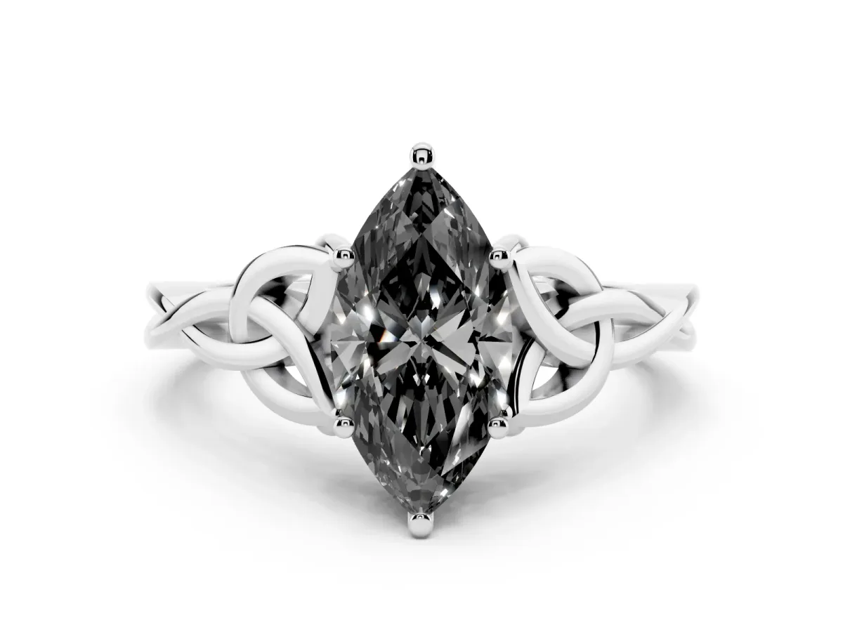 Fancy Black Marquise Cut Diamond Solitaire Engagement Ring with Celtic Knot Band and Four-Prong Setting White gold