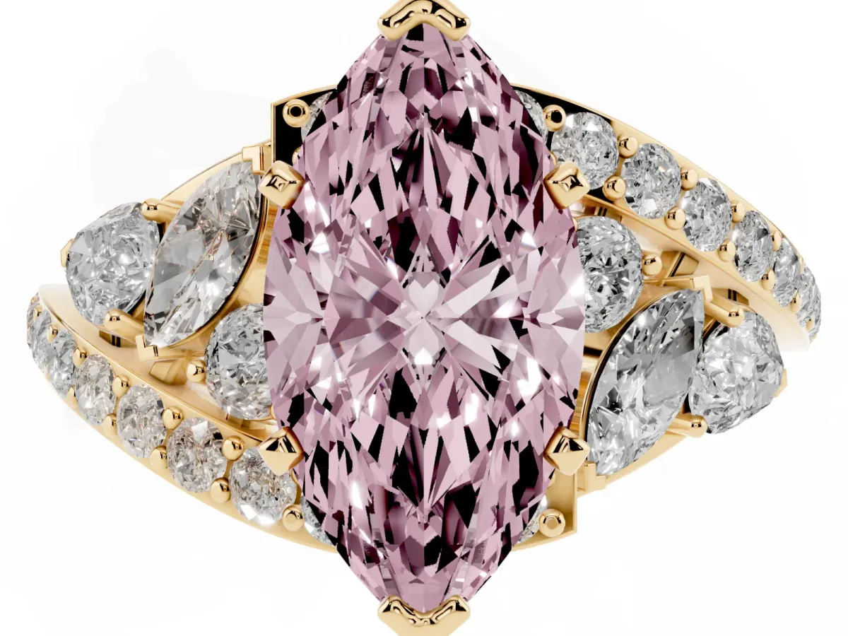 Fancy Pink Marquise Cut Diamond Halo Ring with Marquise and Pavé Band in Prong Setting Yellow gold