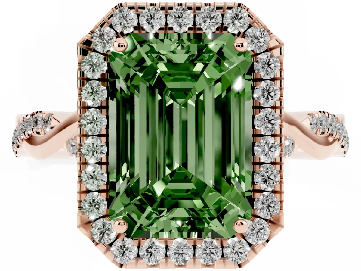 Fancy Green Emerald Cut Halo Twist Band Solitaire Ring Rose gold