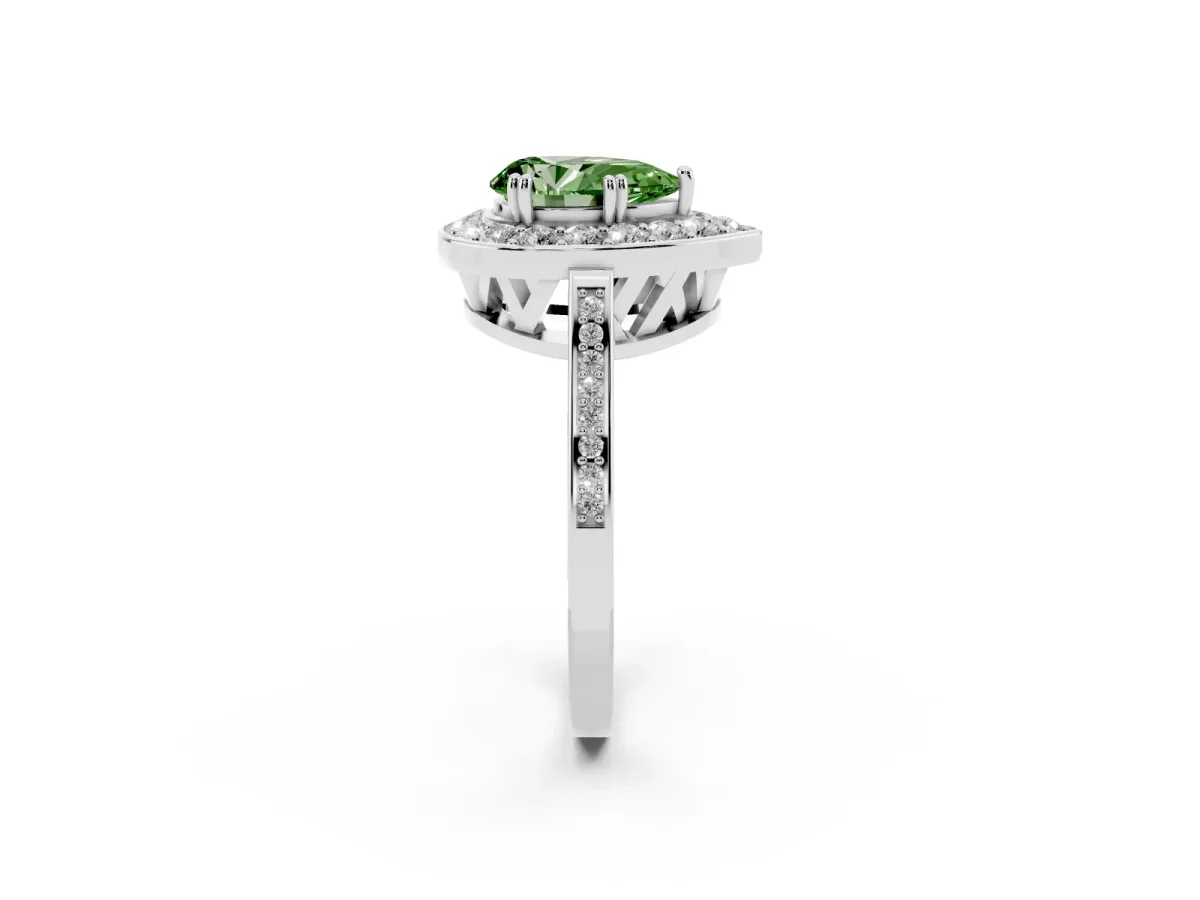 Fancy Green Pear Cut Diamond Halo Ring with Split Shank and Four-Prong Setting Silver