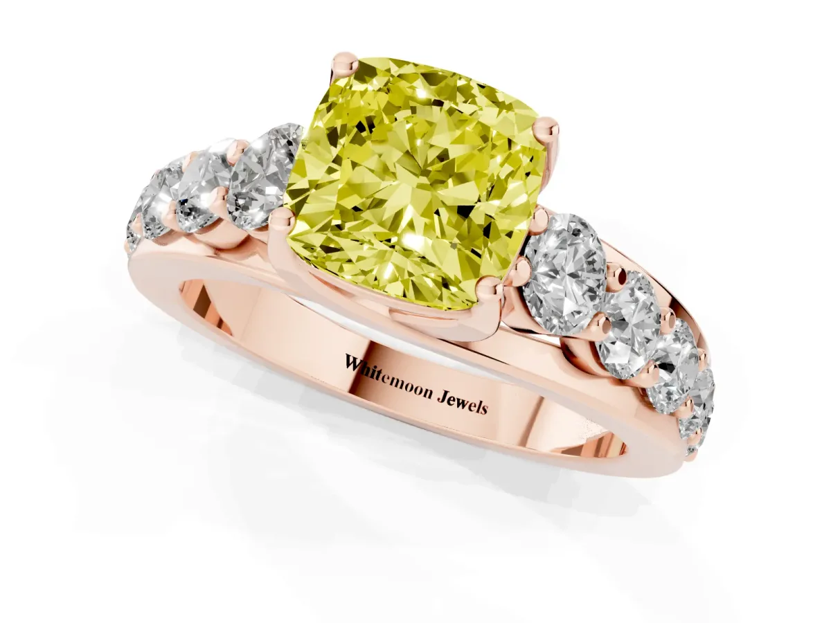 Fancy Yellow Cushion Cut Diamond Engagement Ring with Pavé Band and Four-Prong Setting Rose gold
