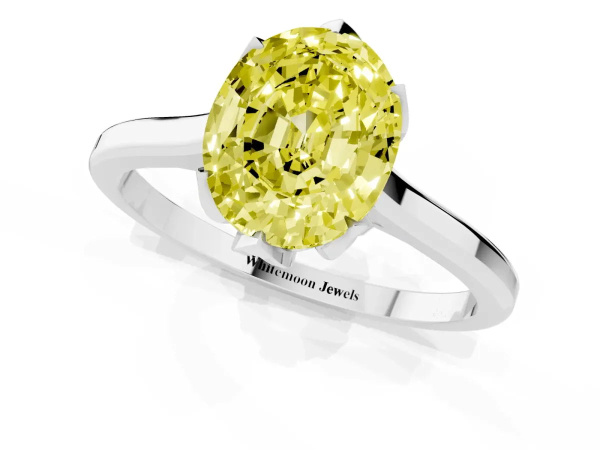 Fancy Yellow Oval Cut Diamond Solitaire Ring with Flower Prong Setting and Classic Band Silver