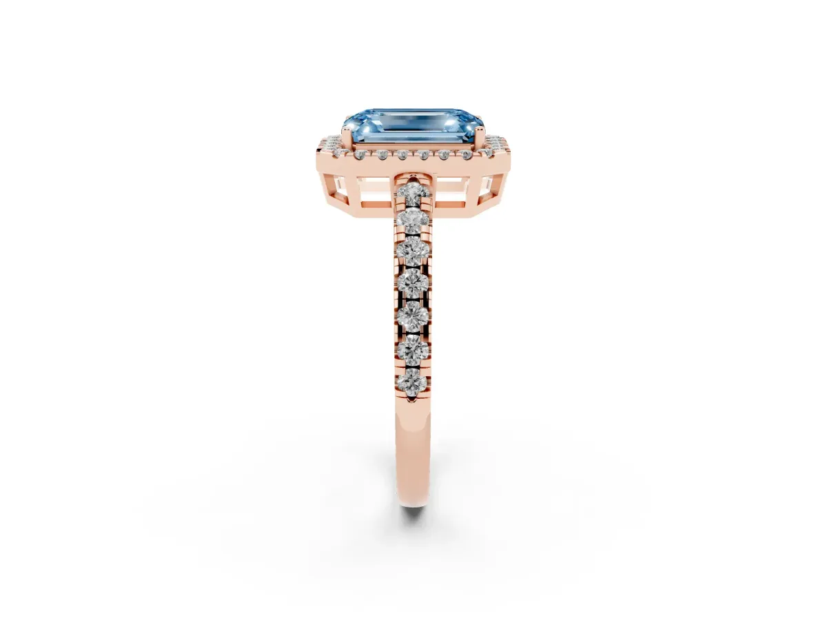 Fancy Blue Emerald Cut Diamond Halo Ring with Pavé Band and Four-Prong Setting Rose gold