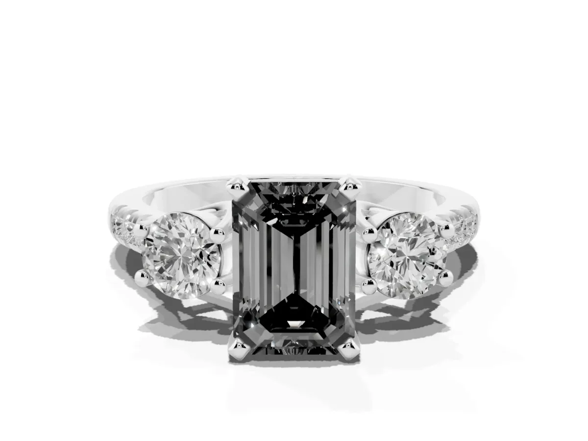 Fancy Black Three-Stone Emerald Cut Diamond Pavé Band with Four-Prong Setting Silver