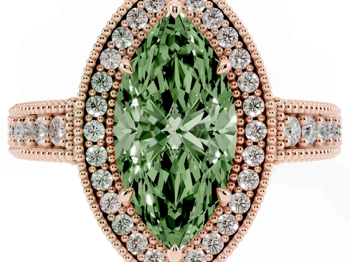 Fancy Green Marquise Cut Cut Halo Diamond Ring with Pavé Band and Four-Prong Setting Rose gold