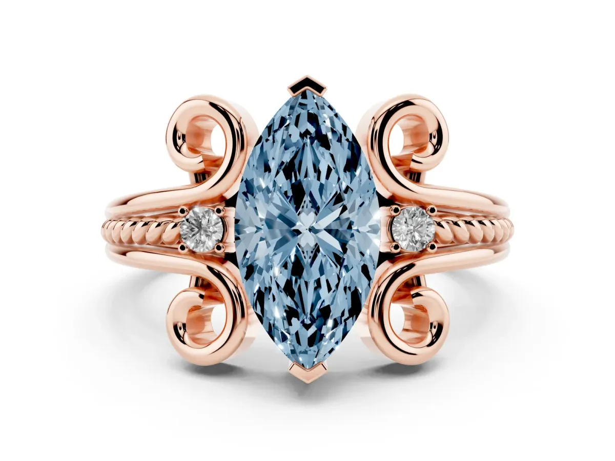 Fancy Blue Marquise Cut Solitaire Twisted Band Scroll Prong Ring Rose gold