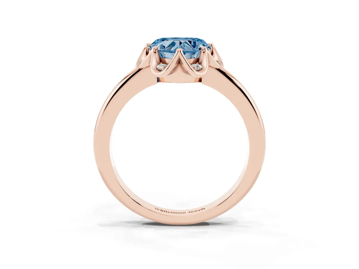 Fancy Blue Heart Cut Halo Diamond Ring with Round Cluster Setting, Solitaire Band, and Four-Prong Setting Rose gold