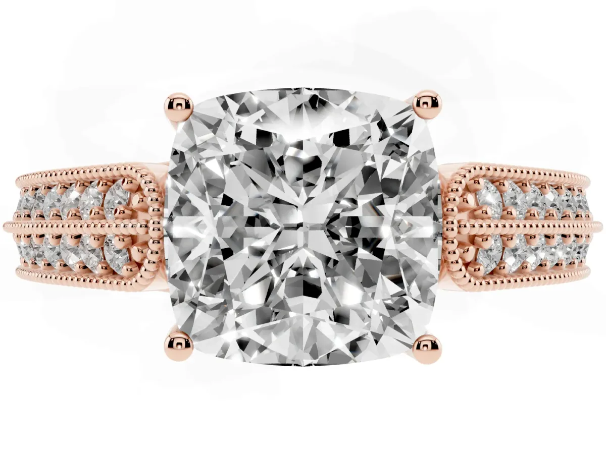 Cushion Cut Cut Pave Split Shank Engagement Ring with Four-Prong Setting Rose gold