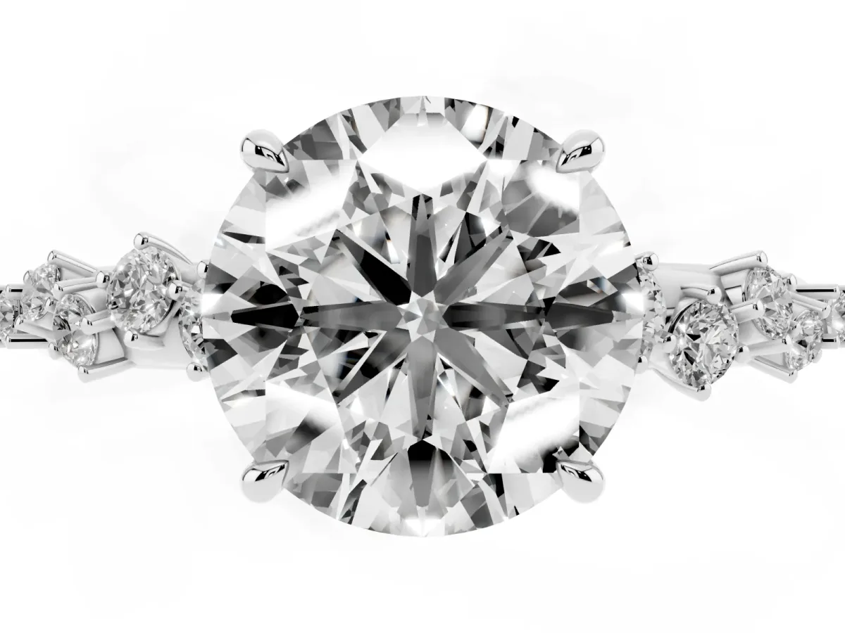 Round Cut Diamond Cluster Side Stone Solitaire Ring with Prong Setting Silver