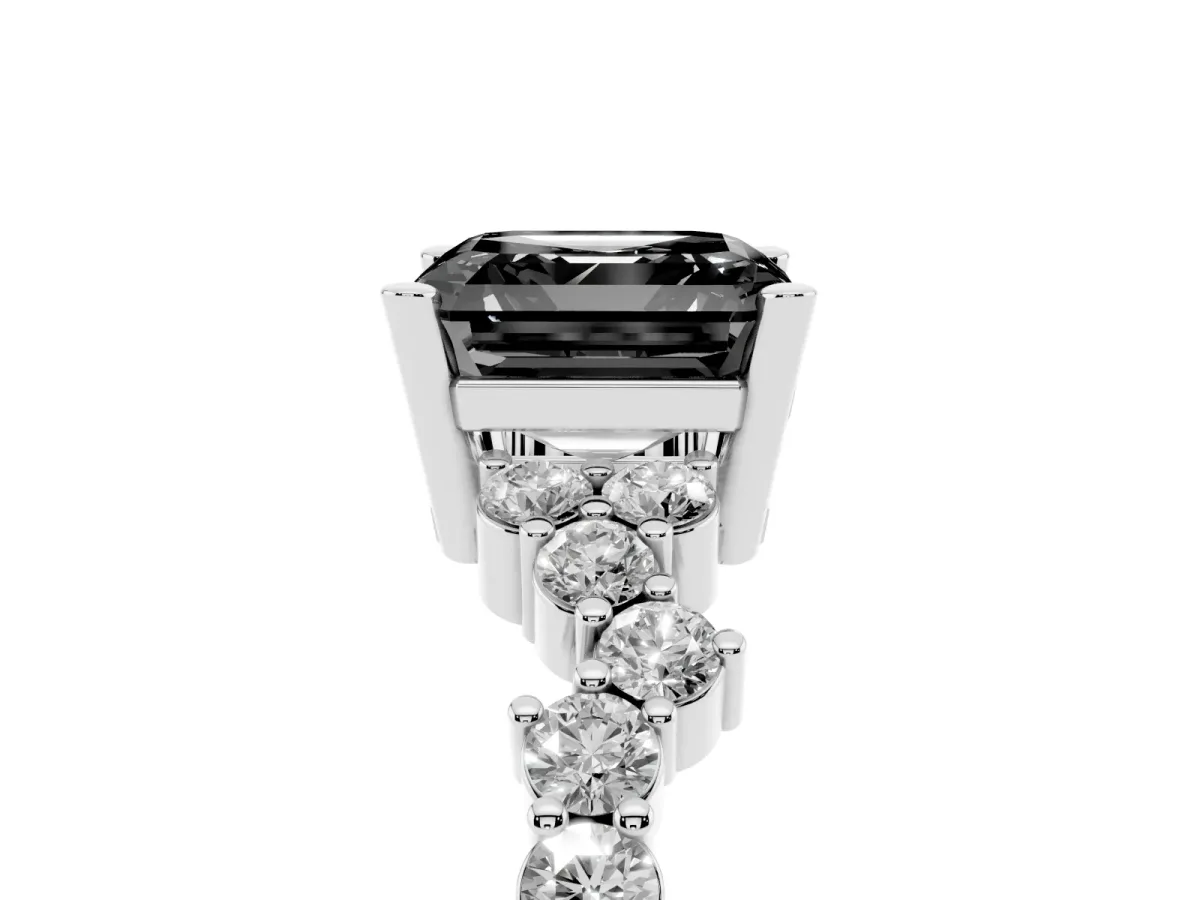 Fancy Black Asscher Cut Diamond Scattered Round Accent Ring with Prong Setting Silver
